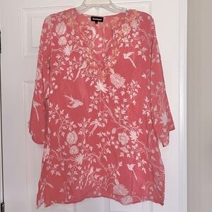 Costal Boho Women’s Silk Floral Tunic Dusty Rose/Pink Embroidered Collar Size 8